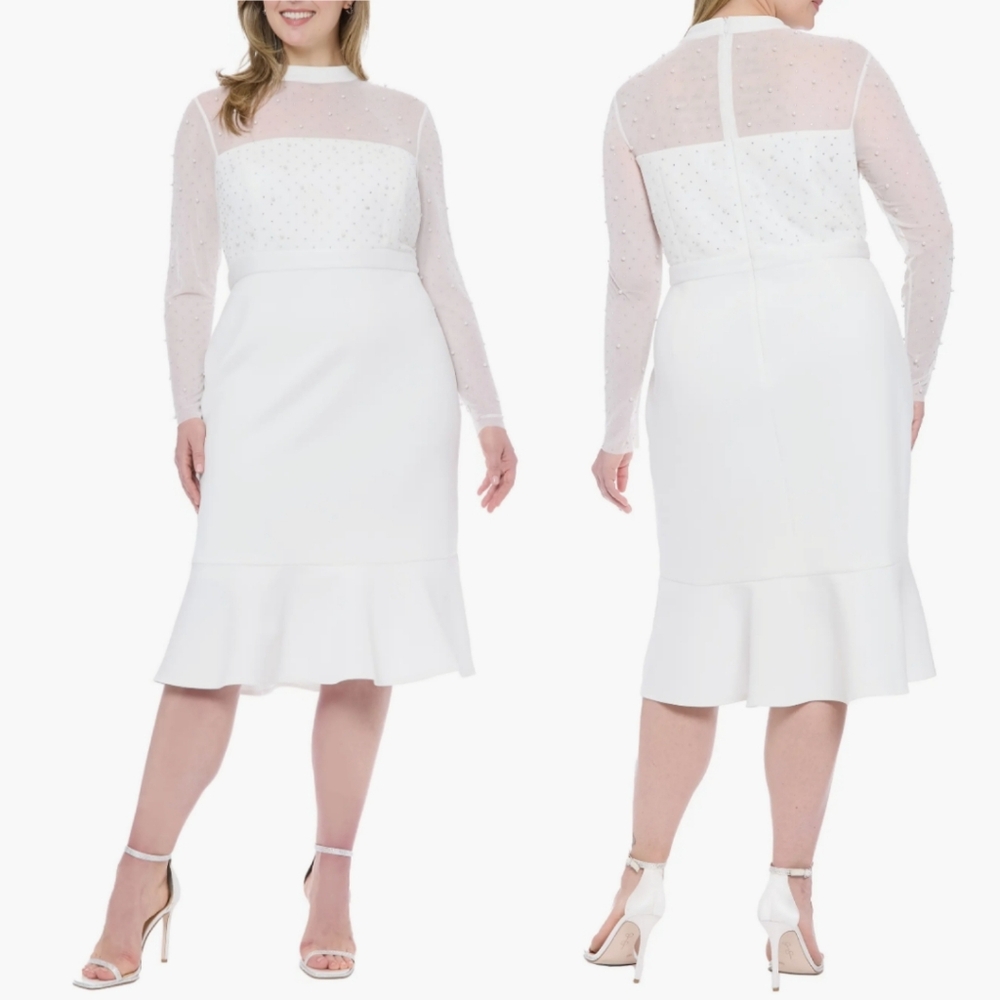 NWT London Times Long Sleeve Faux Pearl Illusion Midi Dress In White Size 22W